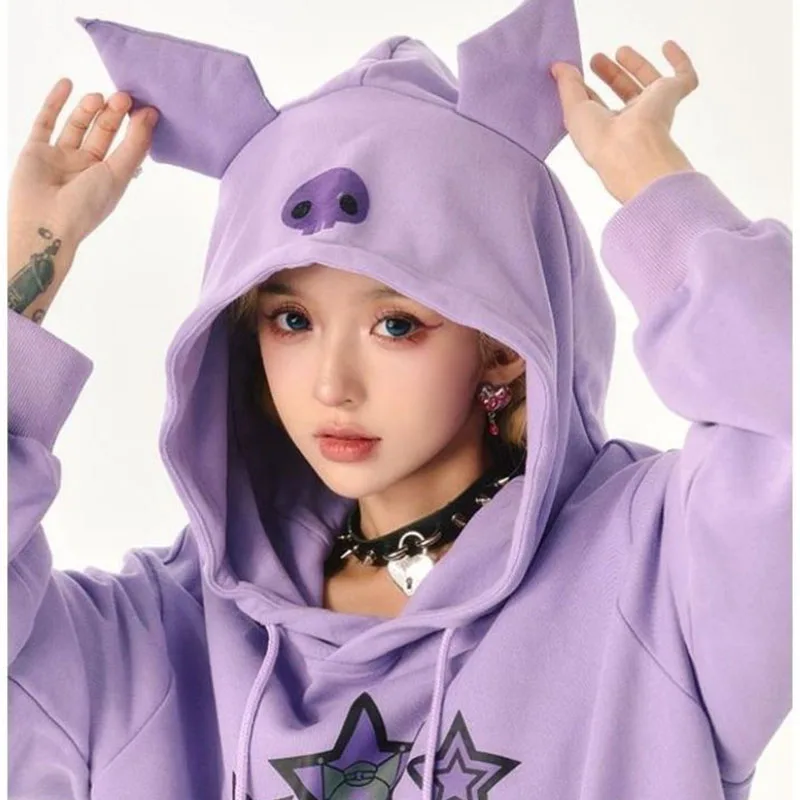 Sanrioed Kuromi Hooded Sweatshirt Cartoon Hoodie Casual Loose Printed Girl Autumn Harajuku Tops Thickened Warmth Women's Clothes