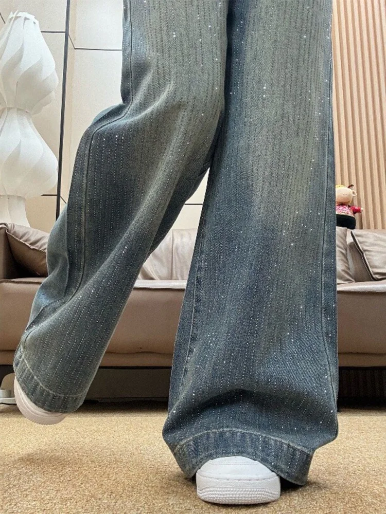 

High Waist Wide Leg Denim Jeans Women's Spring New Large Size Fat MM Glowing Loose Straight Floor-Length Pants Shiny Rhinestones