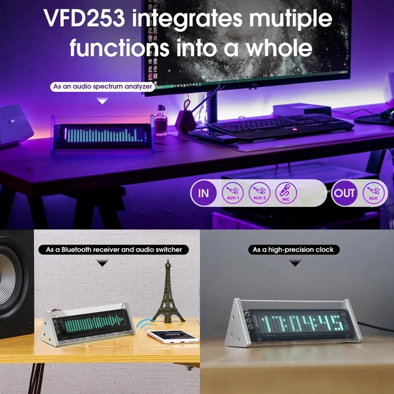 Bluetooth 5.0 VFD Clock Music Spectrum Display Screen Sound Level Meter 3.5mm AUX Audio Switcher Box [Life diary]
