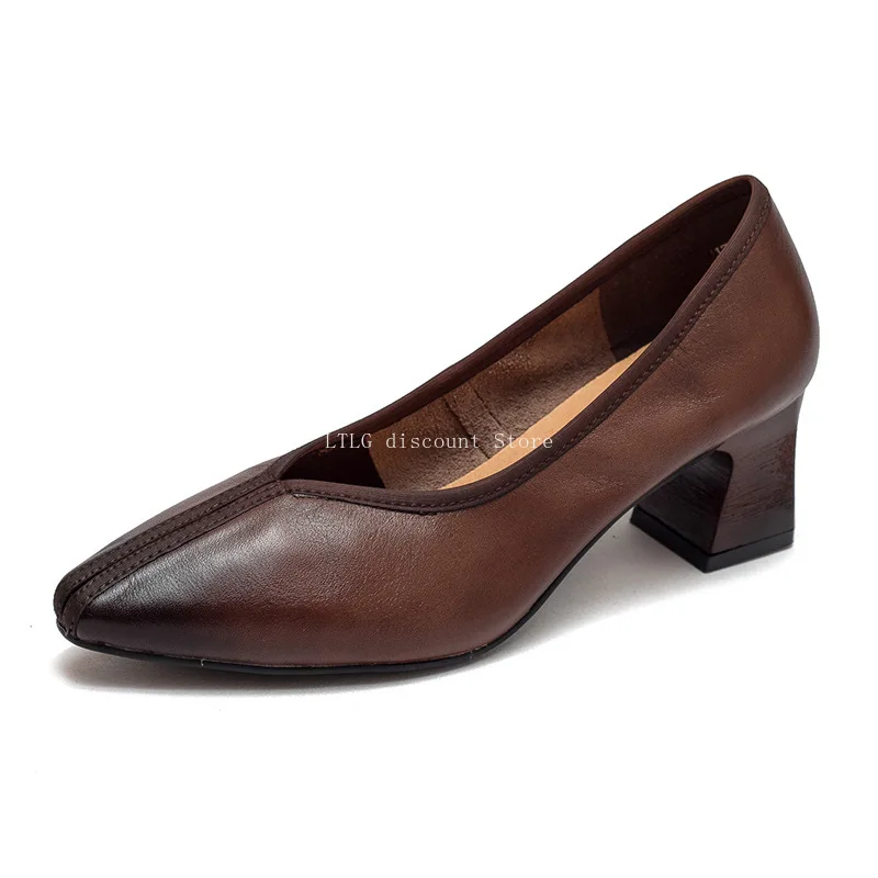 

Autumn Cowhide Women's Shoes Handmade Retro Temperament Women Shoe Comfortable High Heels 5cm High Heels for Woman Sexy Ladies