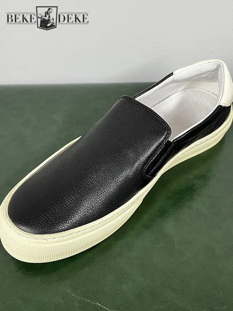 Summer Men Breathable Slip On Loafers Comfortable Soft Cowhide Genuine Leather Shoes Casual Driving Shoes White Black Lazy Shoes