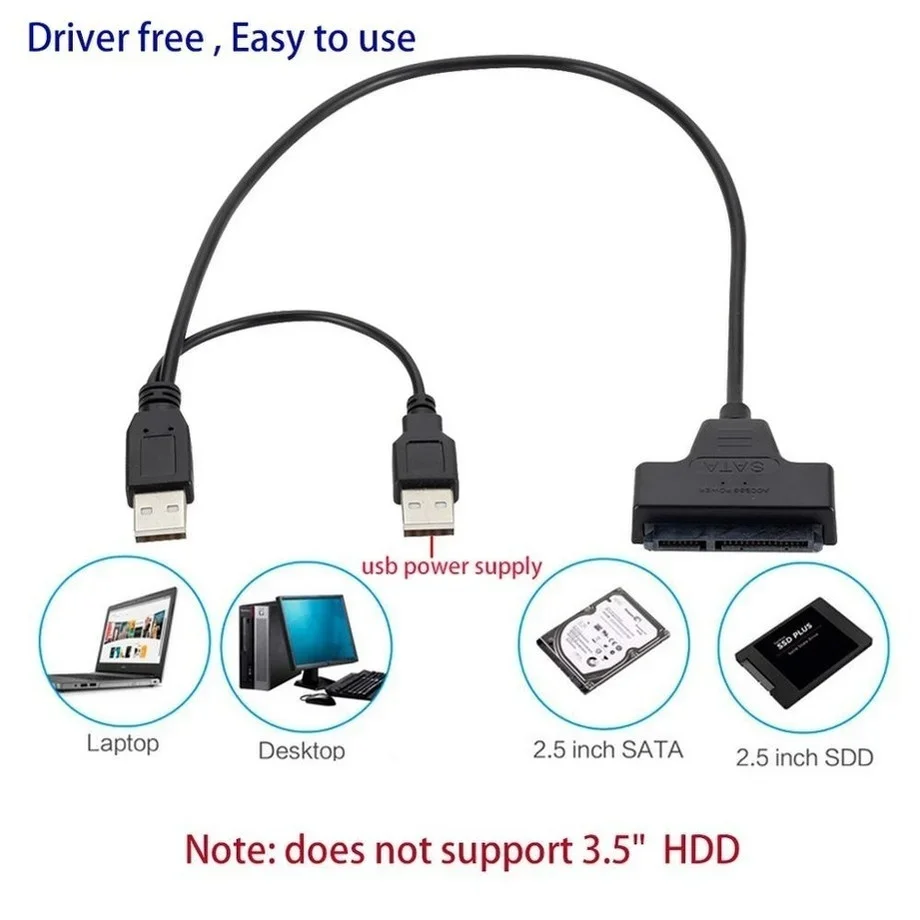 PzzPss Usb To Sata USB 2.0 To 2.5 Inch HDD 7+15Pin SATA Hard Drive Cable Adapter With USB 2.0 Power Supply For SSD&HDD Adapter