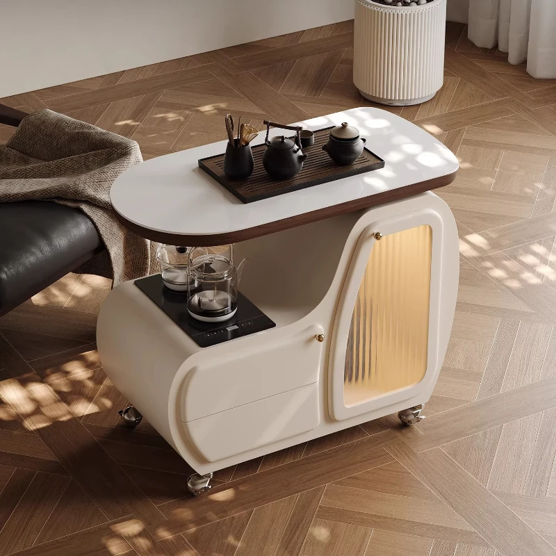 

Italian movable rotating tea table with kettle rock slab table side cabinet