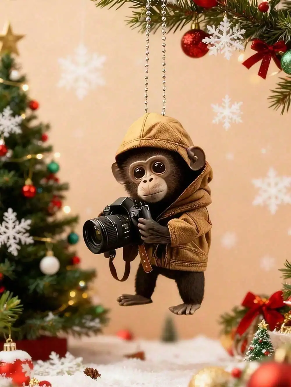 Christmas Vehicle Ornament - 1 Contemporary Camera Monkey Hanging Charm - 2D Flat Adornment for Auto & Home Seasonal Gathering