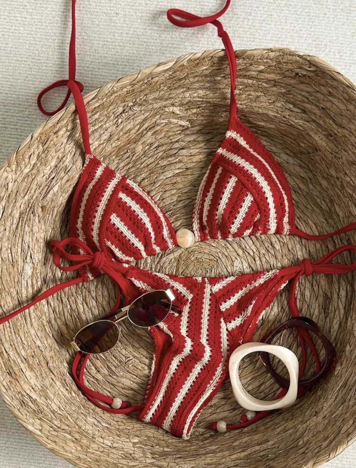 Sexy Knit Beads Striped Bikinis Sets Two Pieces Halter Back Tie Thong Swimsuit Bathing Suit Swimwear Biquini Tankini Trikini
