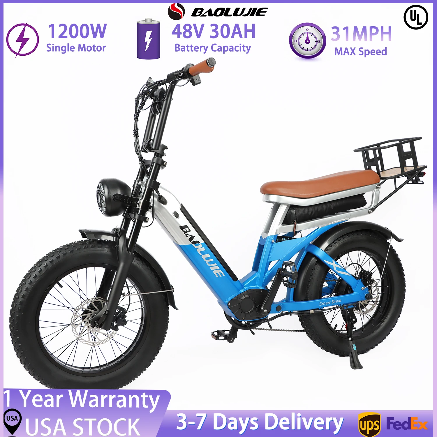 

BAOLUJIE 2033 Electric Bicycle Adult 1200W Lithium Battery Electric Bicycle, Speed 35KM/H, Dual Shock Absorbers【1 Year Warranty】