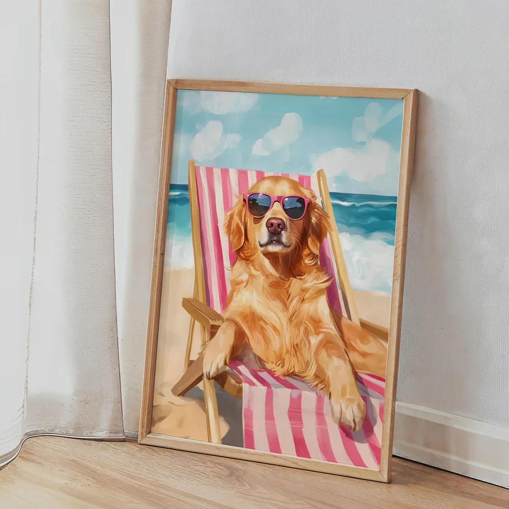 Trendy Golden Retriever Print, Colorful Summer Painting, Funny Golden Dog Lover Beach Decoration Coastal Wall Art Canvas