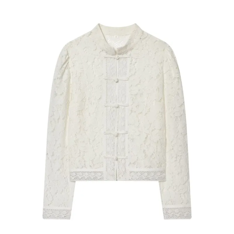 

Весенне-летняя женская рубашка с вышивкой и вышивкой на талии, кружевная вязанная крючком воротник-стойка, женские топы, женские шикарные рубашки и блузки