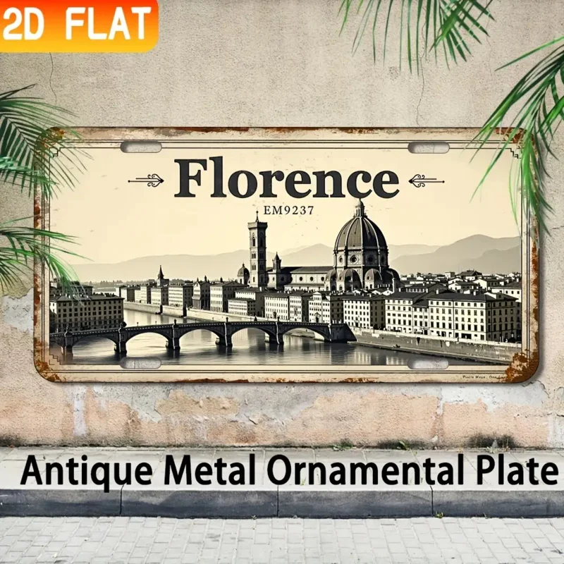مسطحة ثنائية الأبعاد، قطعة واحدة من لوحة لافتة ديكور الحائط المصنوعة من الألومنيوم العتيق - فن المناظر الطبيعية في فلورنسا إيطاليا، لافتة معدنية على الطراز الصناعي لمقهى البار