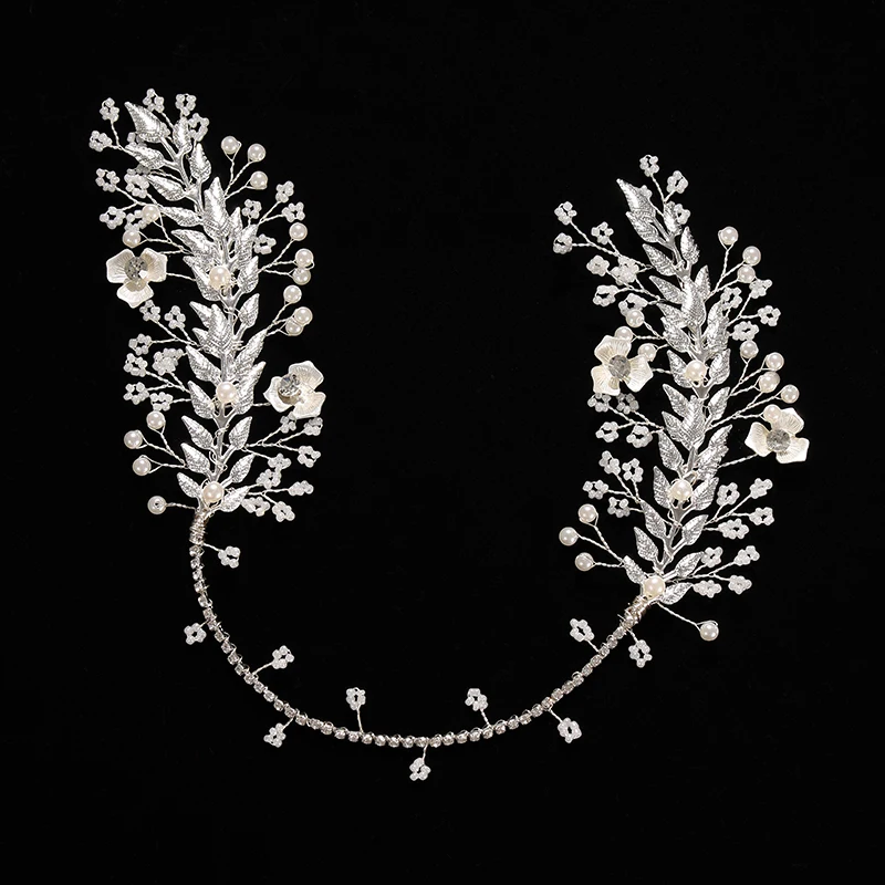 

Silver Color Leaf Pearl Headband Tiara For Bridal Hair Accessories Wedding Hair Band Crystal Pearl Tiaras and Brides Headpieces