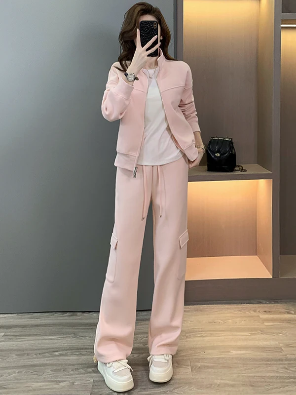Cool Sweet Casual Sportswear Set Women's Pink Jacket Inner Shirt Workwear Pants Three-piece Spring Fashionable Comfortable