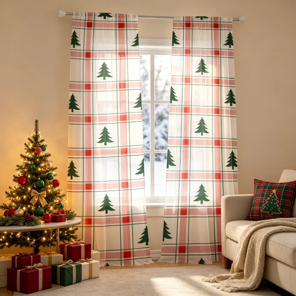 2PCS Christmas Curtains, Pink Plaid Little Trees Print, Bedroom Living Room Window Drapes, Rod Pocket Polyester, Home Decor