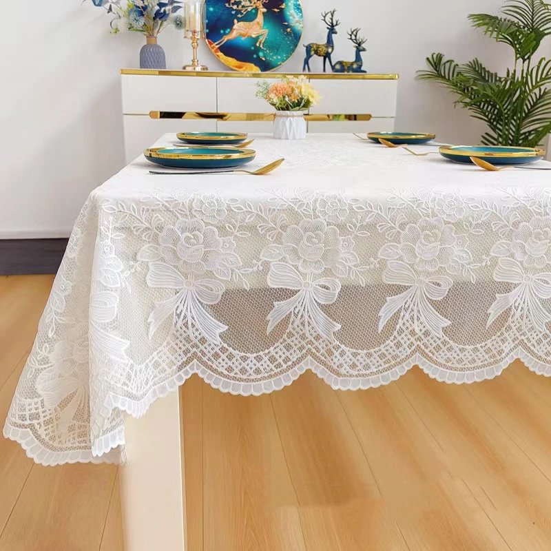 Rectangular PVC Tablecloth Waterproof Embroidered Rice White Lace Table Cloth Oilproof Wash Free Dining Table Protection Cover