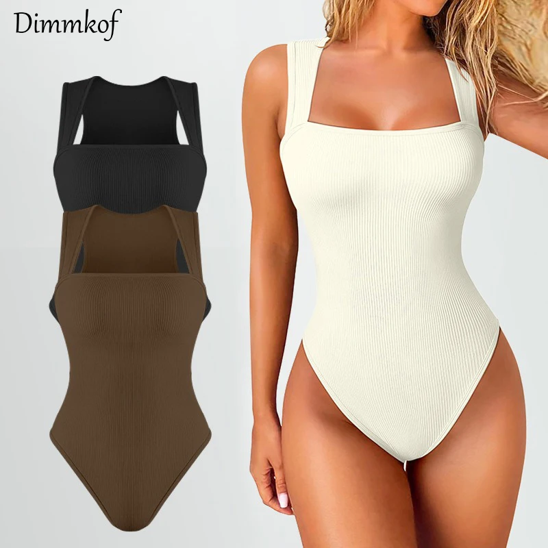 

Dimmkof Square Neck Seamless Bodysuits Flattering Sleeveless Wide Set Strap Women's Sexy Ribbed Basic Stretch Tank Top Bodysuits