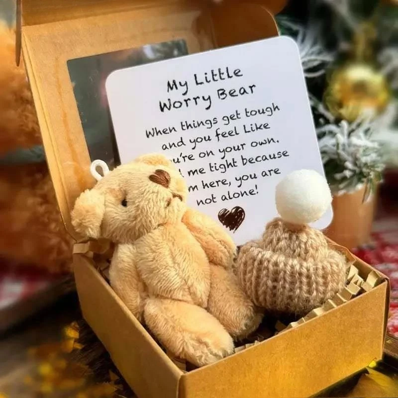 Entzückender Plüsch-Teddy im Taschenformat mit Sorgenbär-Motivierungskarte und Geschenkbox, beruhigendem Andenken für Freunde, geliebte Menschen