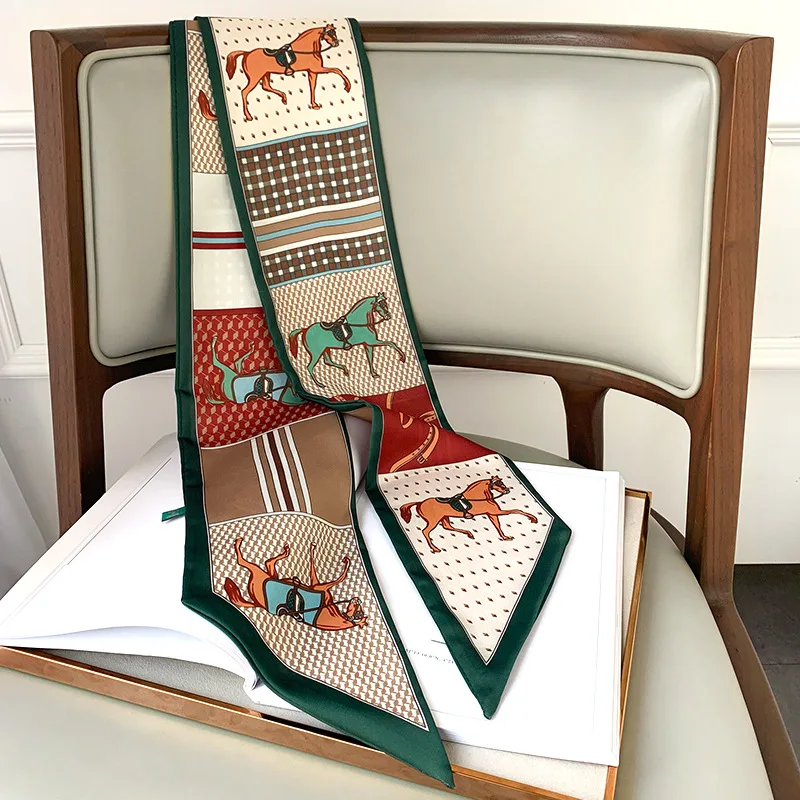 

Long Silk Scarf Bag Tie Lady Neck Skinny Scarves Hairband Foulard Horse Print Brand Lady Neckerchief Ribbon 2021 Spring New