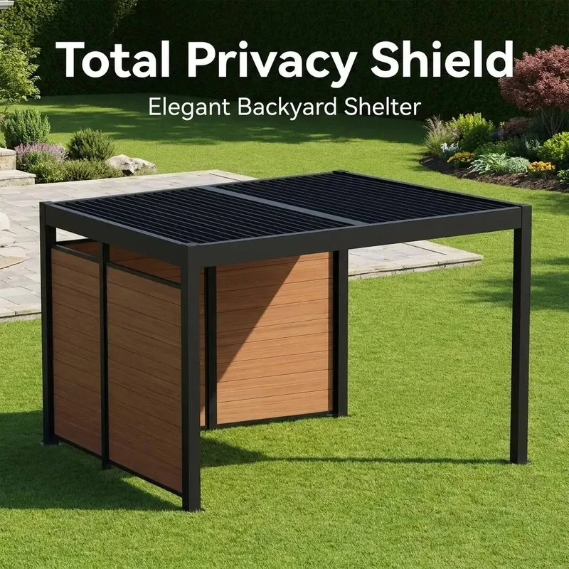 Modern Motorized Louvered Pergola with Integrated LED Strip Lights Outdoor Kitchen Balcony Residential Backyard Dining Gazebo