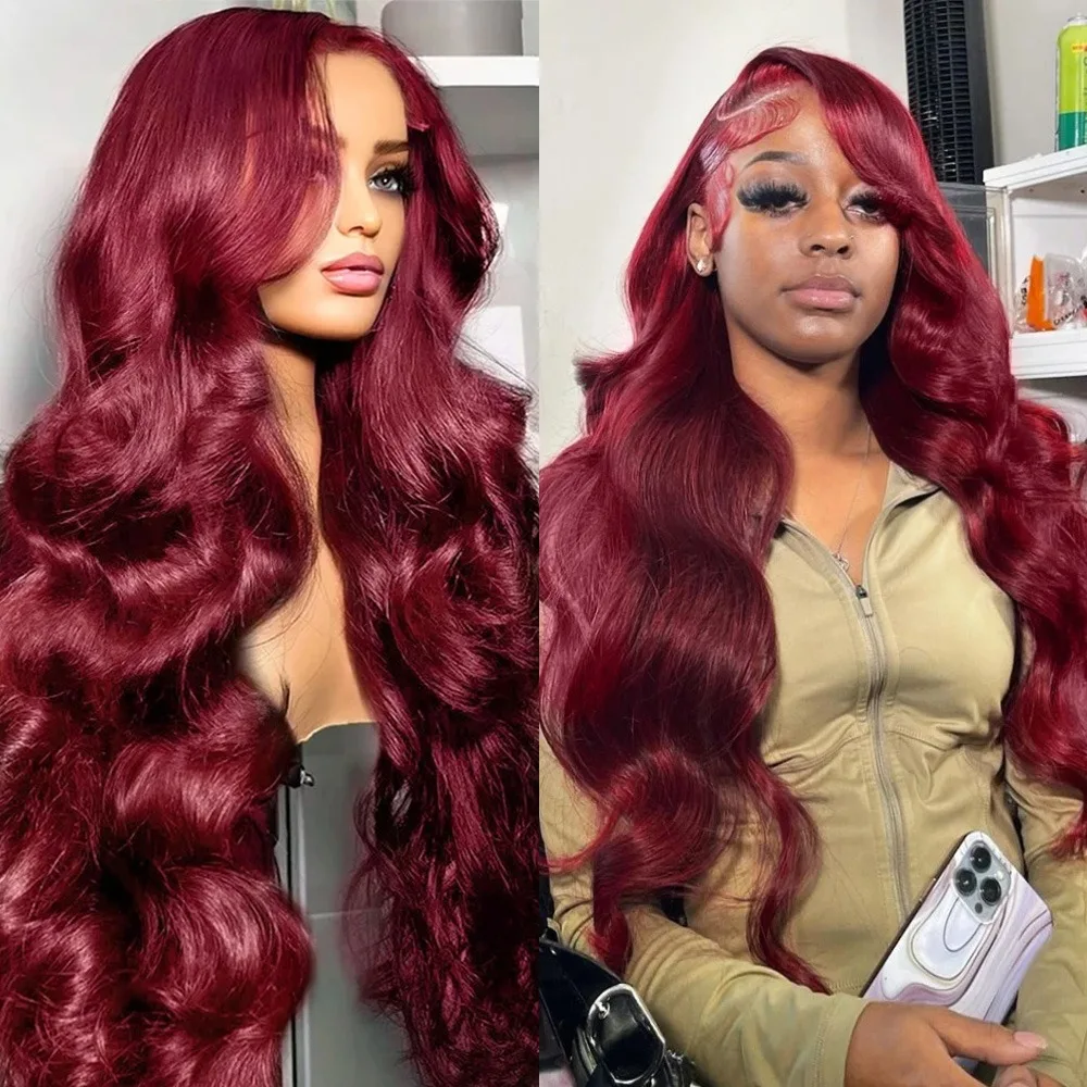 วิกผมแท้สีเบอร์กันดีความหนาแน่น 200 ขนาด 13x6 HD Lace Frontal แบบ Body Wave สี 99j  วิกผมหน้าผากแบบ Lace Front 13x4 ผมแท้ 100% วิกผมบราซิล