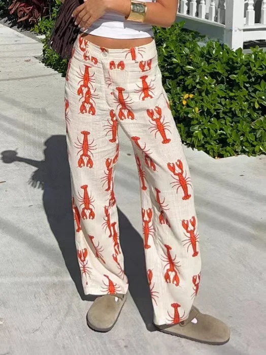 

Fashionable Printed Casual Pants Straight Leg High Waist Zipper Polyester Ladies Spring Season New Arrival