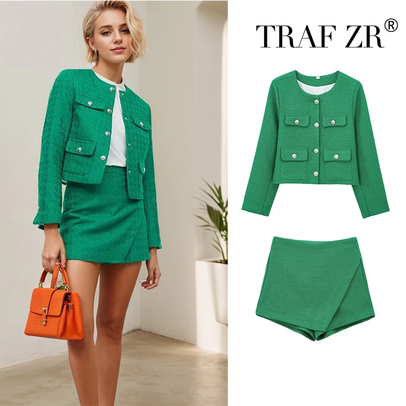 TRAF ZR 2025 Spring Fall Women Coarse Tweed Suit Set Casual Blazer & Mini Skort Pocket Detail Two-Piece Office Outfit