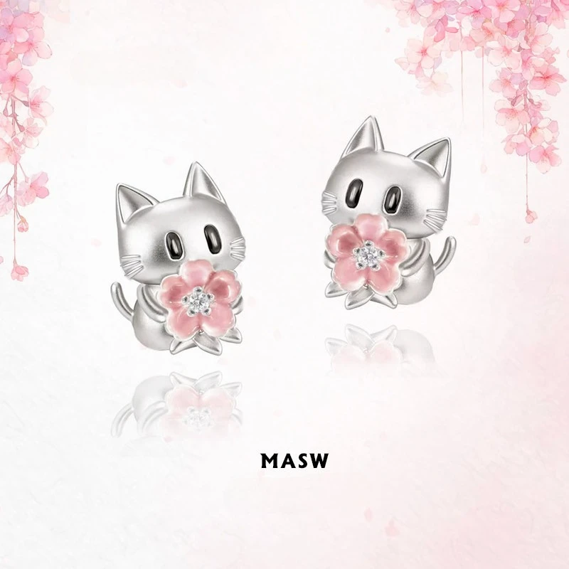 MASW Original Design Lovely Cartoon Flower Cat Earrings For Women 2026 Trend New Cute Jewelry Pretty Ear Accessories