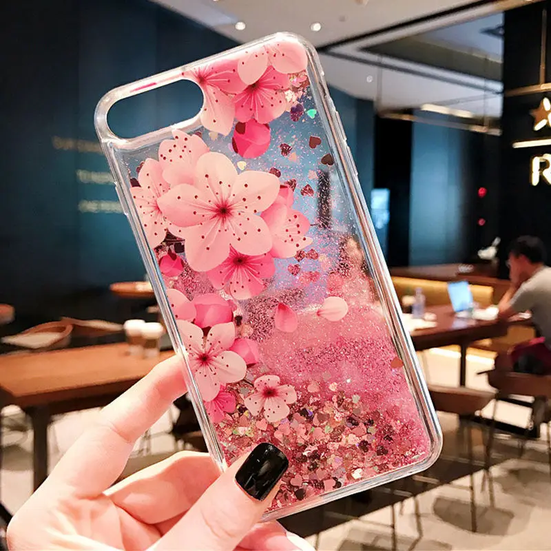 Glitter Liquid Pink Flower Case For iPhone 16 15 14 Plus 11 12 Mini 13 Pro Max X XS 7 8 Quicksand Dynamic Clear TPU Back Cover