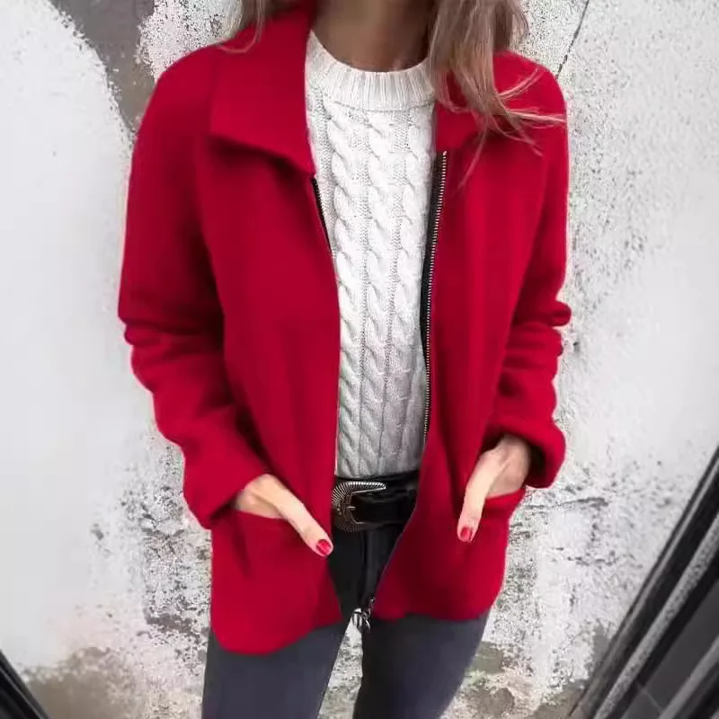 Women's Zip-Up Coat, Collared Fleece Jacket with Pockets, Casual Loose Fit for Fall & Winter, Multiple Colors Available