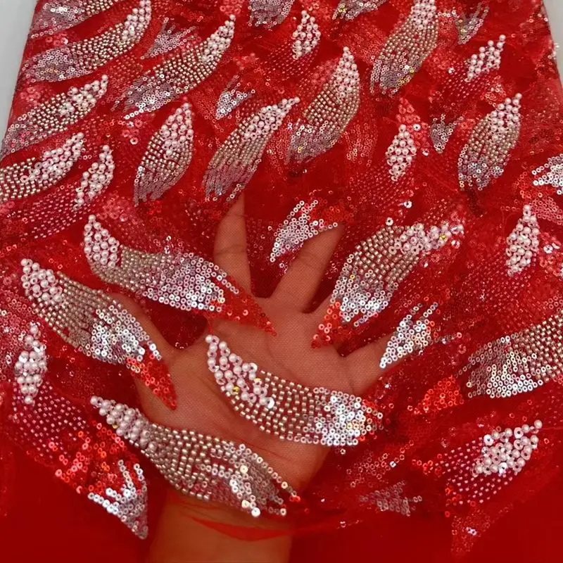 

Luxury Red African Lace Fabric Feather Pattern Sequins Beads Embroidered Nigerian French Tulle Lace Fabric 5 Yards Party Dress