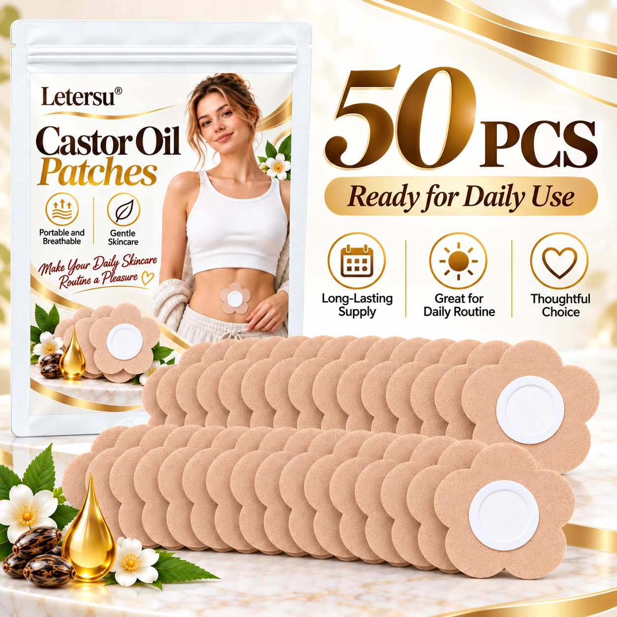 50PCS Castor Oil Patches for Belly, Flower Shape Body Care Pads, Breathable Comfortable Skin Patches for Daily Skincare