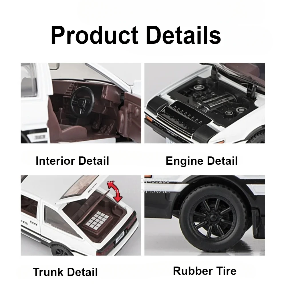 1:30 Scale Initial D AE86 Toy Car Model Alloy Body Rubber Tire Shock Absorption Pull Back Simulation Vehicles Boys Birthday Gift