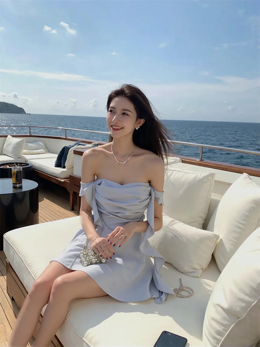 Vestido de mujer elegante para fiesta, estilo princesa fruncido, abertura lateral, abertura alta, corte recortado, agujeros calados, Sexy