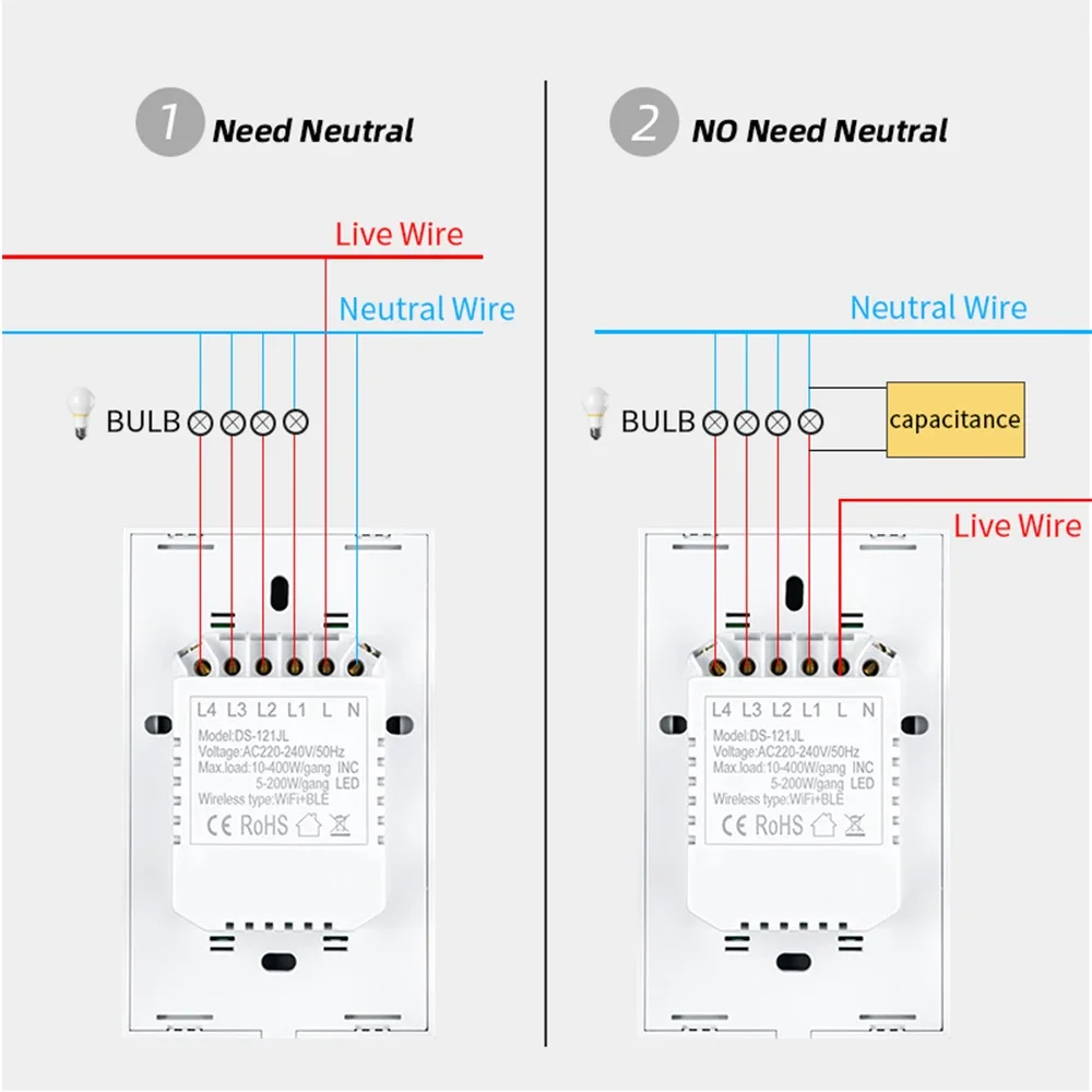 Tuya Smart Switches US Neutral Wire/No Neutral Wire Required 1/2/3/4 Gang Light WiFi Touch Switch Work with Alexa Google Home