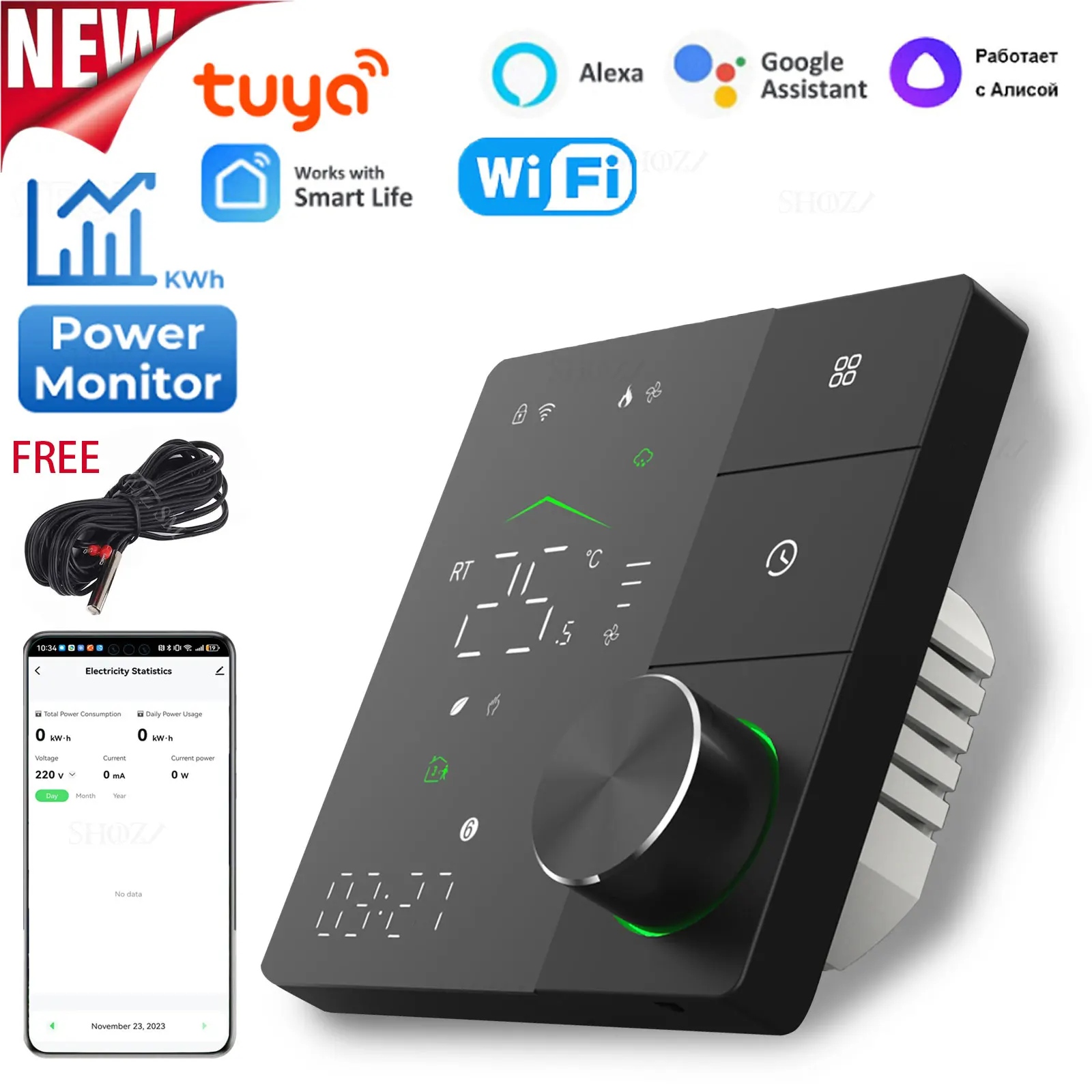 Tuya WiFi Smart Thermostat, Power Monitoring, Temperature Controller, Programmable for Electric Floor Heating, Alexa, Google,