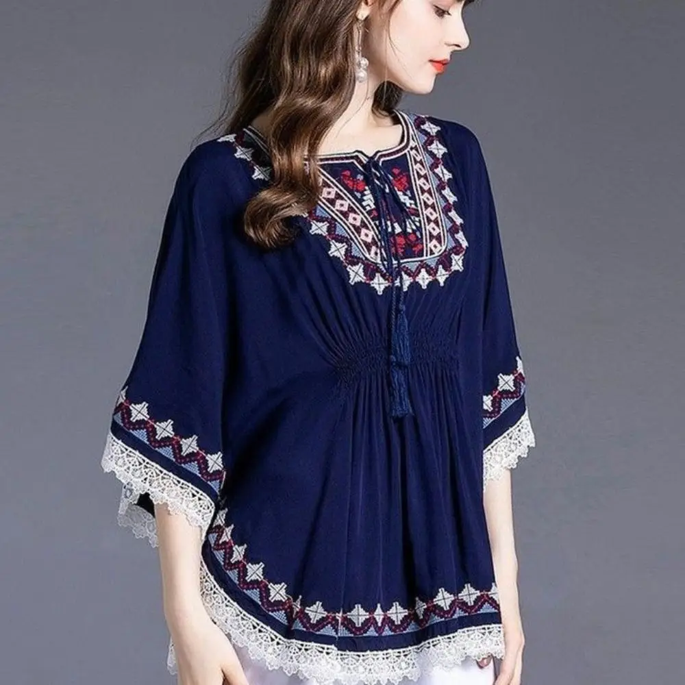 

Lace-up Tassel Bohemian Style T-shirt Embroidery Round Neck Short Sleeve T Shirt Loose High Waist Ethnic Style Tops Women