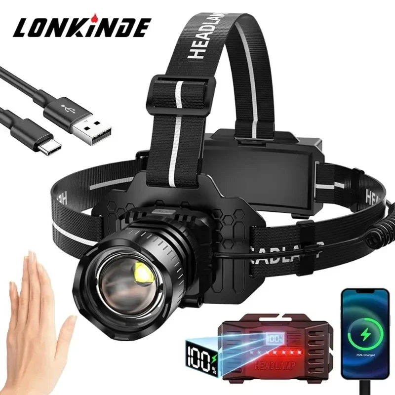 【Best-selling】 10000LM LED Headlamp Sensor XHP50.2 Headlight By 18650 Battery Flashlight USB Rechargeable Fishing Zoom Head Lamp