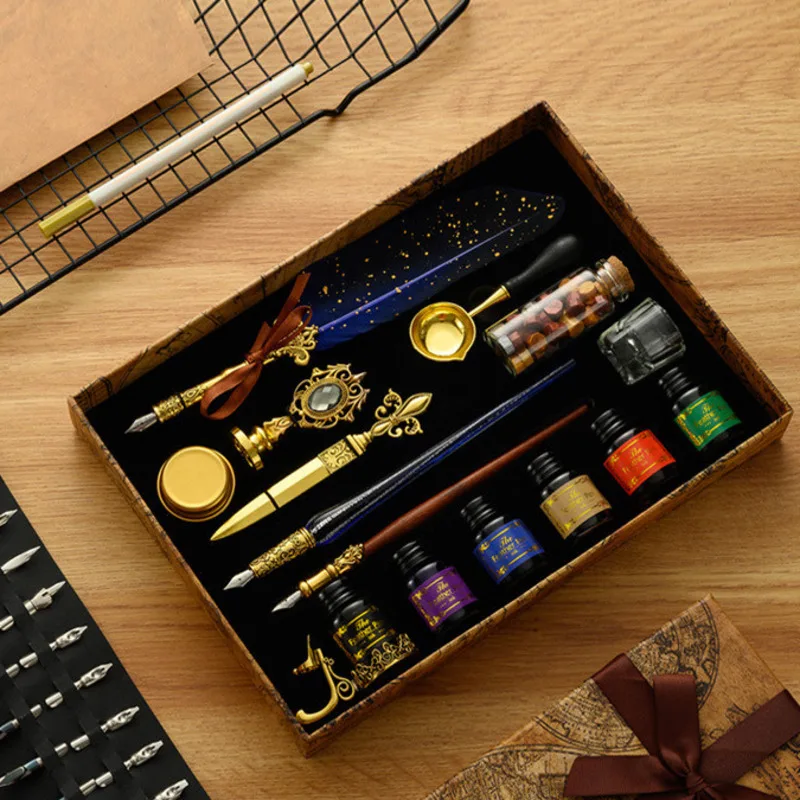 European Style Quill Pens Set With Ink New Retro Dipping Quill Pen Wholesale Lacquer Seal Student Dip Pencil Feather Pen Gifts