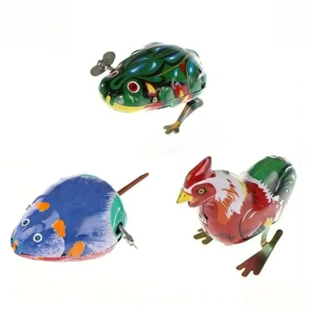 

НОВЫЕ классические жестяные заводные игрушки: прыгающая лягушка, петух, мышь. Винтажные ретро-игрушки для детей.