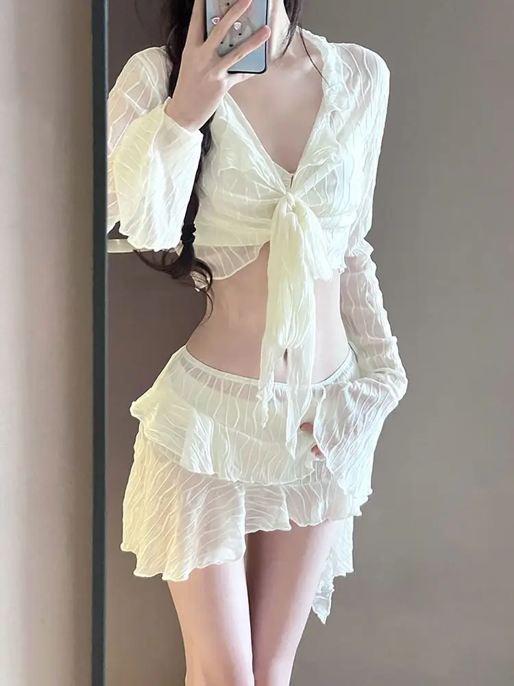

4 Pieces Bikini Sets Women Mesh Lace-up Irregular French Style Fairycore Swimwear Sun-proofed Vacation Bathing Suit Hotsweet Ins