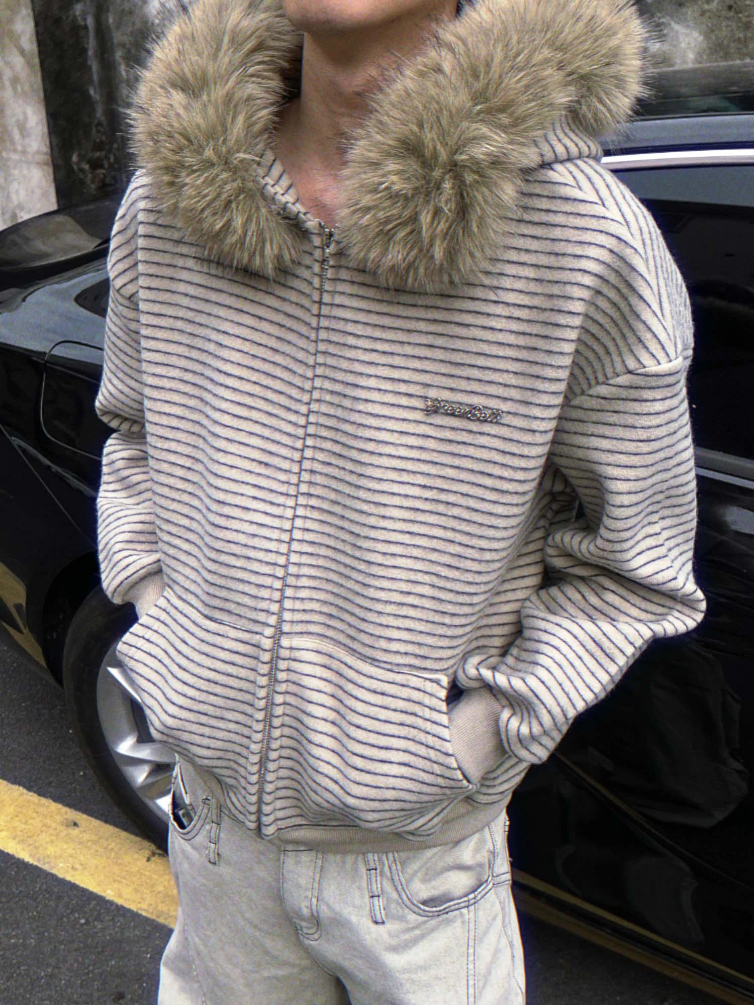 American Retro High Street Fashion Trendy Fur Collar Zipper Hooded Sweatshirt Unisex Loose Casual Jacket