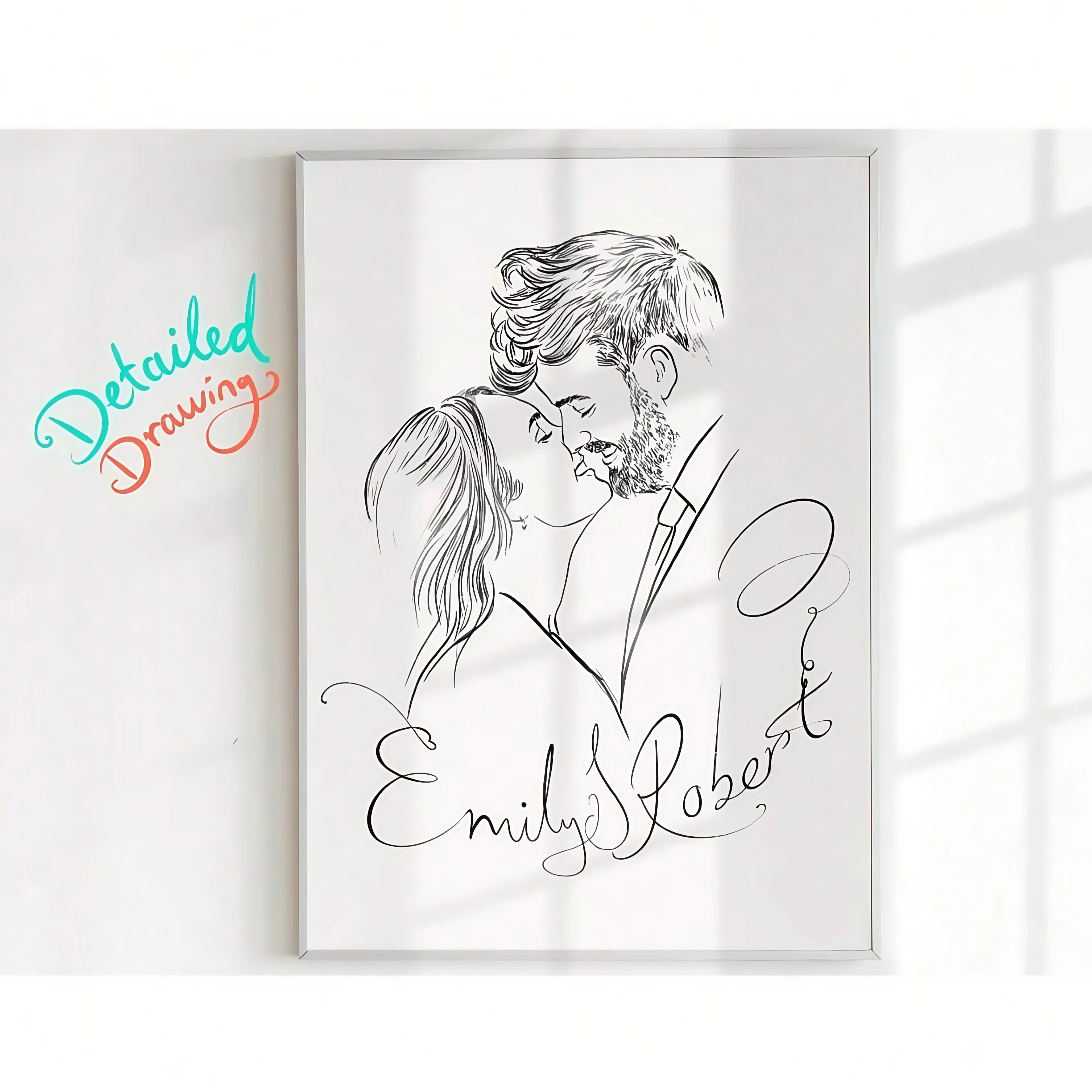 Custom Line Art Painting Portrait with Frame, Custom Couple Portrait, Custom Family Portrait.