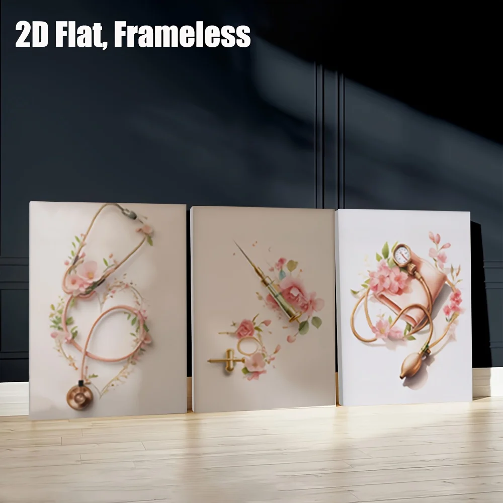 （3PCS NOFrame）-2D Flat, Frameless, 3pcs Set, Minimalist Decorative Painting of Doctor and Nurse Tools, Featuring Plant and Fl