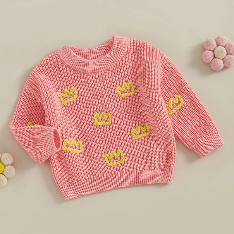 Newborn Baby Girls Boys Spring Autumn Sweater Casual Long Sleeve O Neck Crown Embroidery Loose Knitwear Pullover Casual Tops