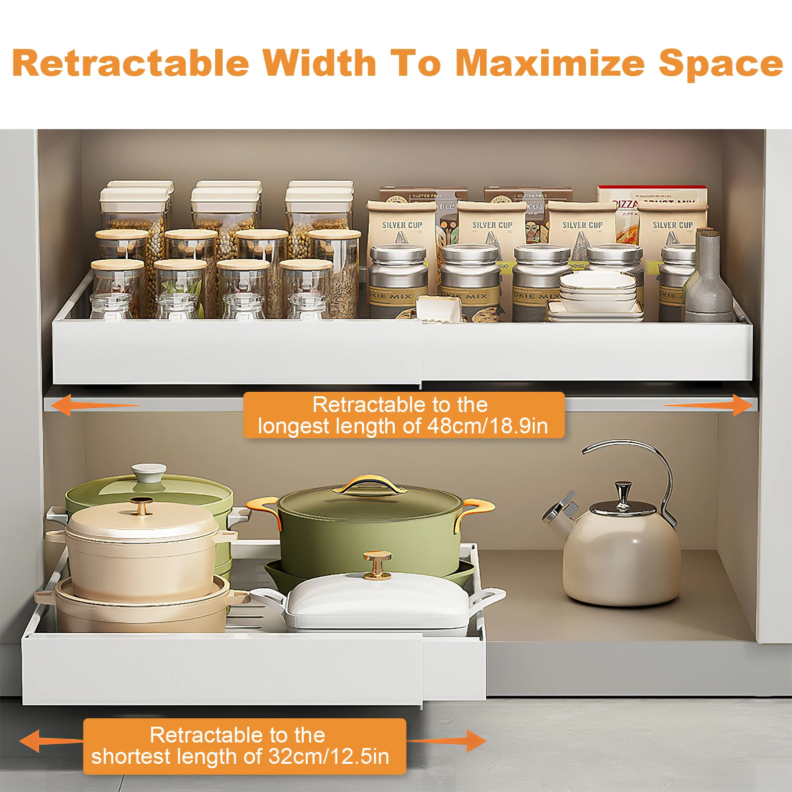 2 Stück (weiß) Ausziehbare Schrankregale | Schiebe-Regal-Schubladen-Organizer | Ausziehbares Schiebe-Ablagefach für Zuhause, Küche, Restaurant, Hotel – Detail 8
