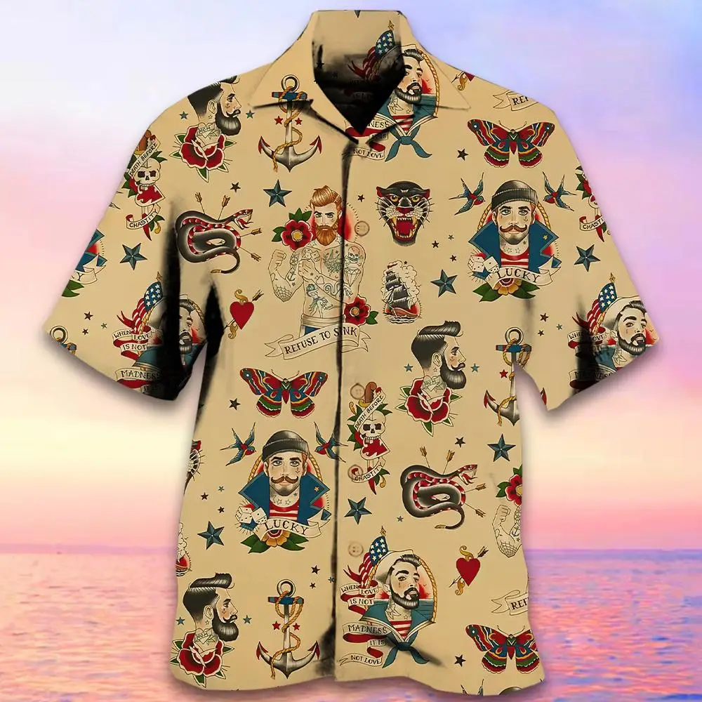 Hawaiian Shirt Summer Short-Sleeved Shirt 3d Printing Pattern Casual Vacation Lapel Button-Down Shirt 2024 Retro Wear Clothing