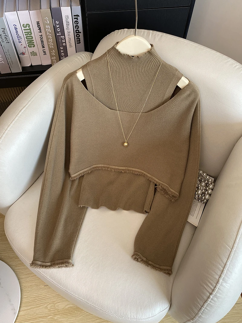 

Early Autumn Lightweight Mature Sweater oulder Bared Vest Vintage Tassel High Waist Slimming Two Piece Set Women's Knitwear