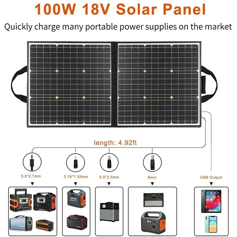 Portable Foldable Solar Panel 100W 18V Battery Cell Charger USB QC3.0 for Outdoor Charging Power Station Tablet Camping RV Trip