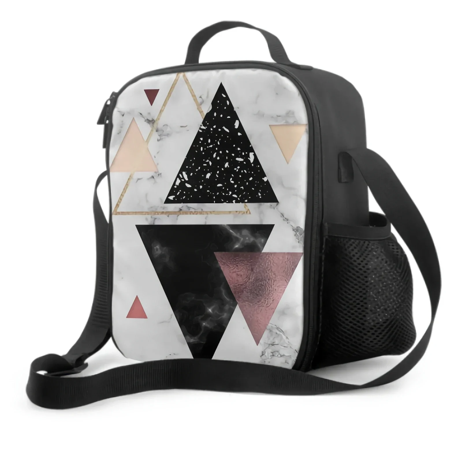 

Pink White Marble Insulated Lunch Box Leakproof Portable Lunch Bags with Adjustable Shoulder Strap Cooler Tote Bag for Picnic