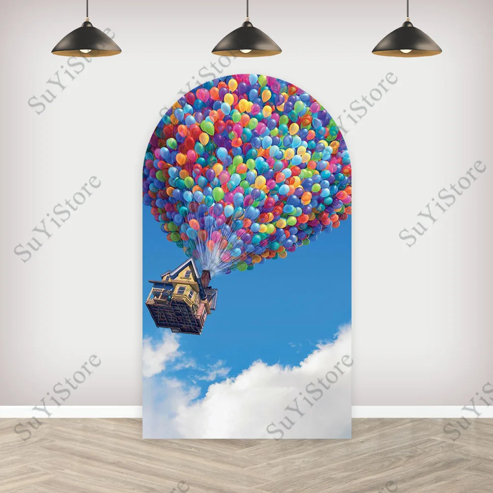 Pixar UP Arch Photography Backdrop Kids Birthday Party Arched Wall Carl And Russell Flying In The Sky Photo Background