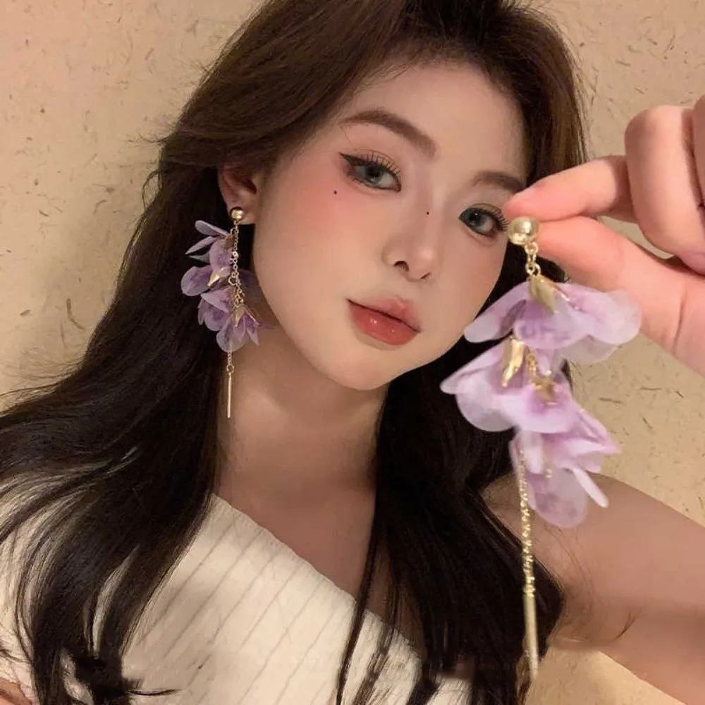 Fashion Sweet Flower Earrings Tassel Organza Yarn Mesh Earrings Blue Korean Style Long Tassel Earrings Women