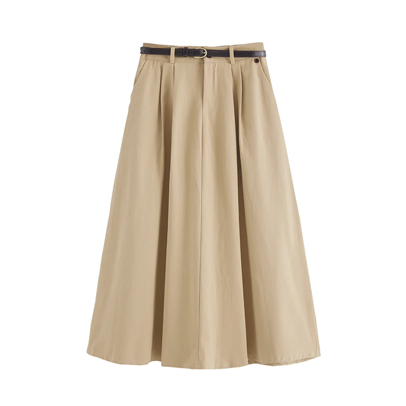 กระโปรงทรงเอไลน์ผ้าฝ้ายล้างสีสไตล์ฤดูใบไม้ร่วงสำหรับผู้หญิง พร้อมเข็มขัด รุ่นใหม่ปี 2025 เอวสูง สไตล์เกาหลี ทรงหลวม เหมาะสำหรับใส่ทำงาน มีกระเป๋า